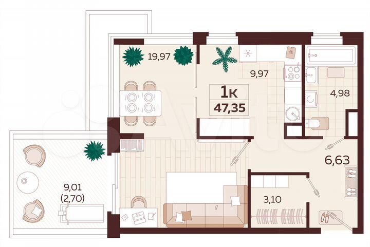 1-к. квартира, 47,4 м², 7/9 эт.