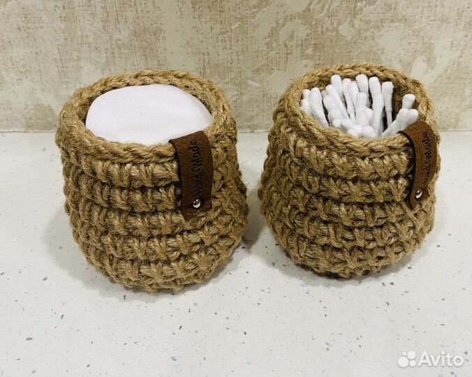 Набор корзин для ватных дисков и палочек из джута