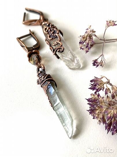 Горный хрусталь серьги ручная пабота медь