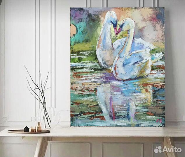 Большая картина с поталью на холсте Птицы