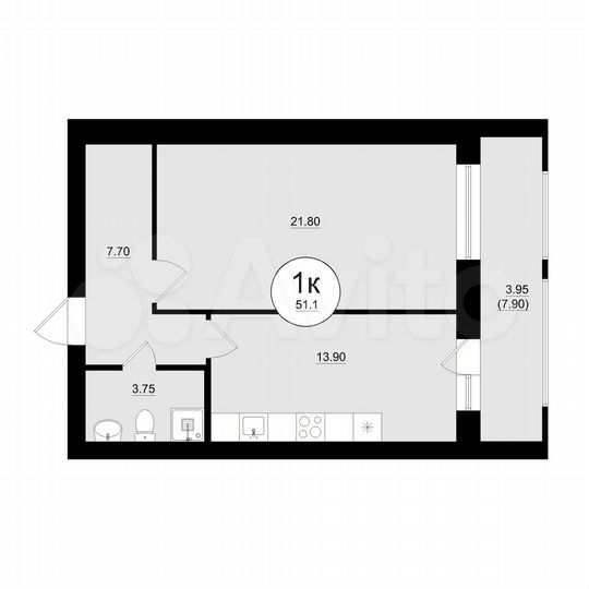 1-к. квартира, 51,1 м², 6/8 эт.
