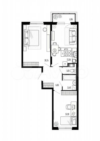 2-к. квартира, 62,6 м², 3/4 эт.