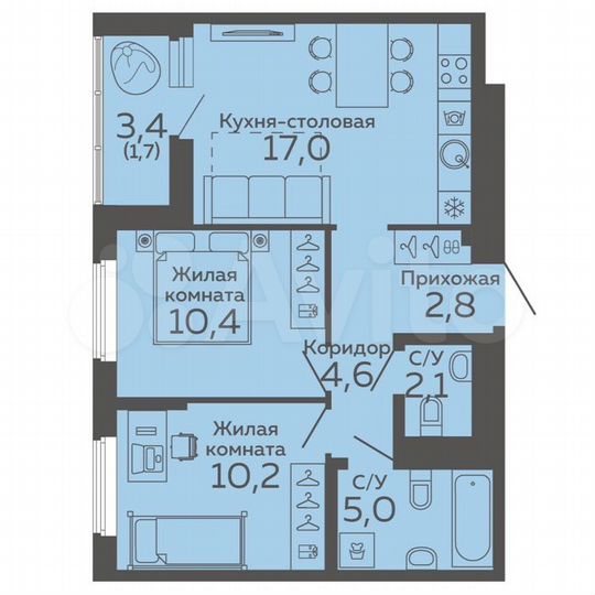 2-к. квартира, 53,8 м², 6/15 эт.