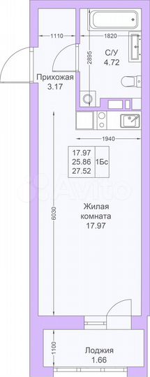 Квартира-студия, 27,5 м², 9/25 эт.