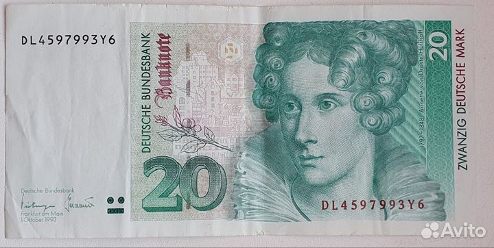 Банкнота 20 немецких марок, фрг, 1993