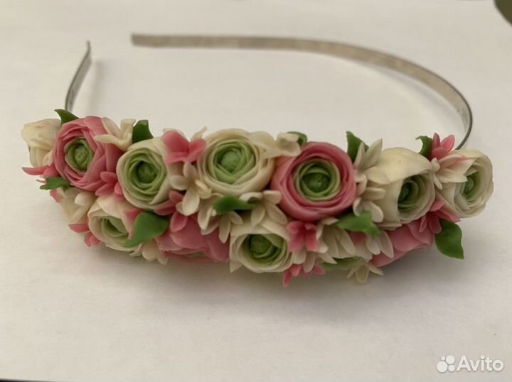 Ободок для волос с цветами полимерная глина