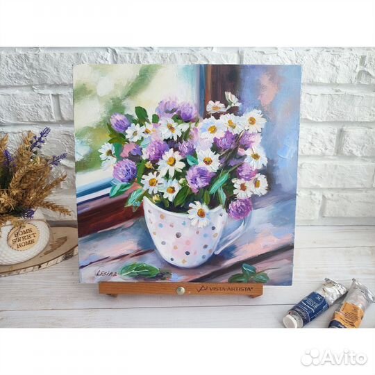 Картина маслом с букетом полевых цветов 30/30 см