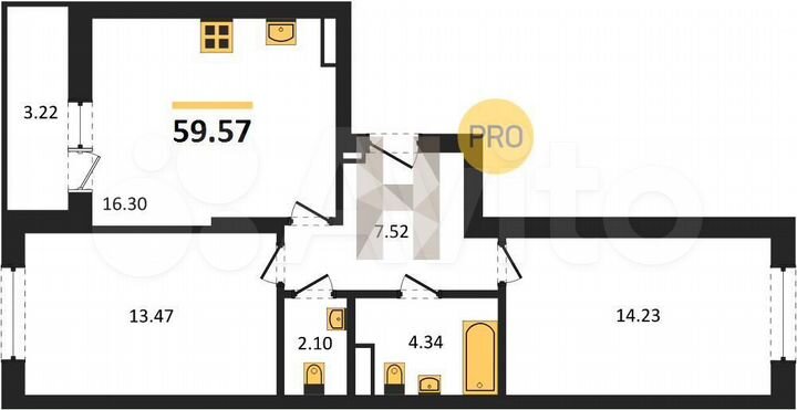 2-к. квартира, 59,6 м², 1/17 эт.