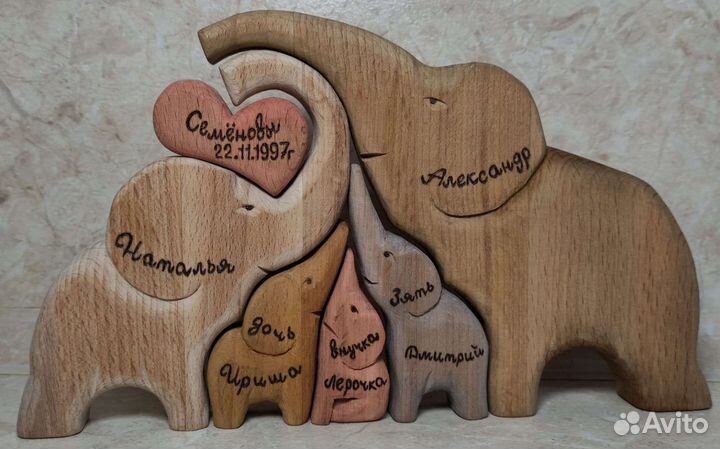 Деревянный пазл Семья Слонов с гравировкой и без