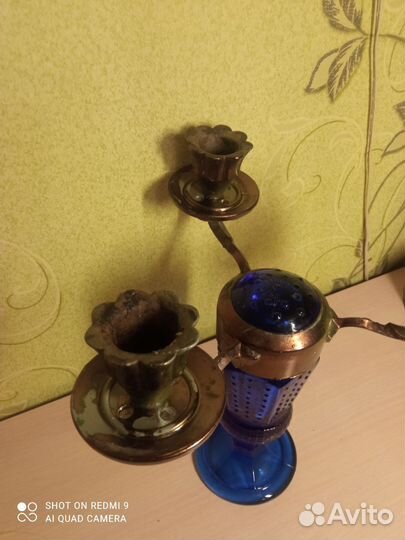 Подсвечник. Синее стекло. Латунь