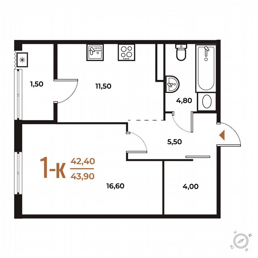 1-к. квартира, 43,9 м², 7/8 эт.