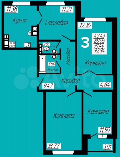3-к. квартира, 92,7 м², 3/10 эт.