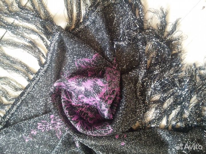 Шарф Косынка Черный Серебро Люрекс Япония Розы