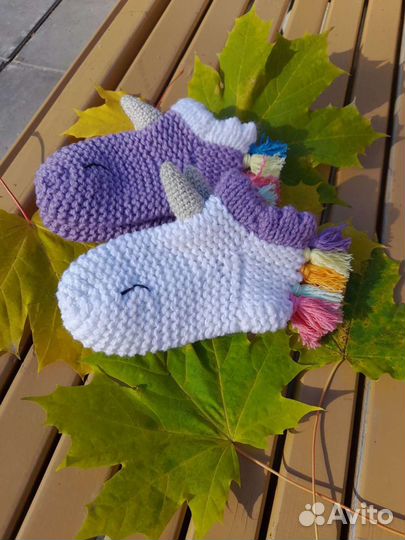 Домашние тапочки, носочки единороги, вязаные носки