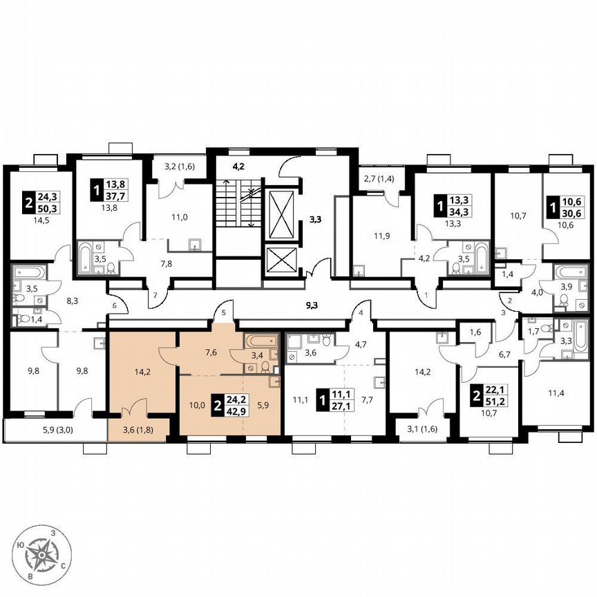 2-к. квартира, 42,9 м², 2/25 эт.