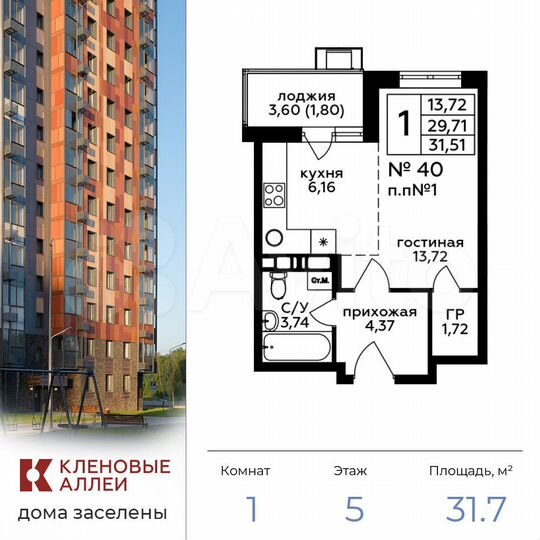 Квартира-студия, 31,7 м², 5/17 эт.