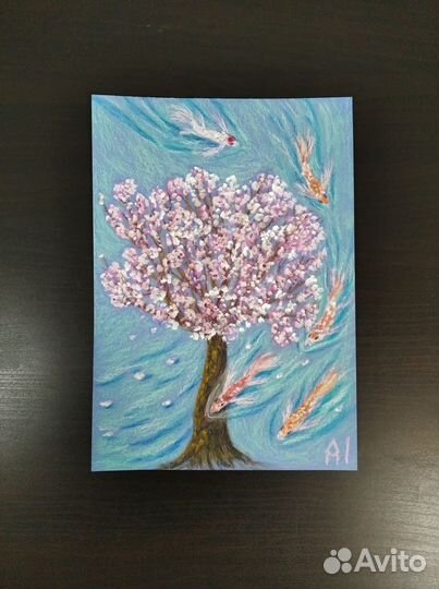 Картина пастелью на бумаге Сакура и рыбки