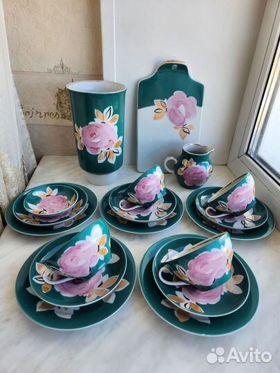 Красивый нежный сервиз агашки бирюзовое крытье
