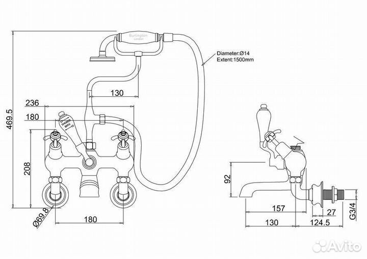 Смеситель для ванны Burlington Regent ANR21-QT хром/ручки белые