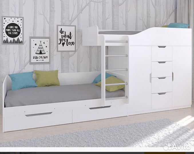 Двухъярусная кровать Дуб Молочный/Голубой