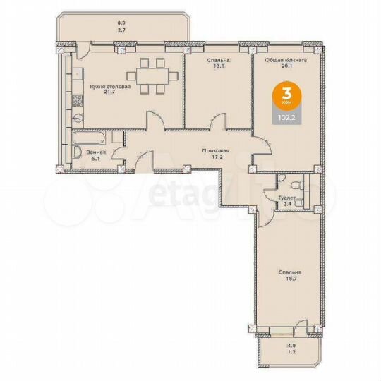 3-к. квартира, 102,2 м², 5/12 эт.