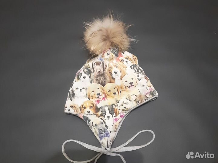 Шапка детская зимняя с помпоном енот 50-54 собачки