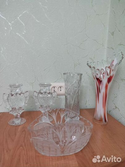 Хрустальная ваза, конфетница, подсвечники