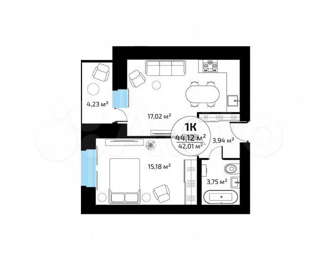 1-к. квартира, 42 м², 3/16 эт.
