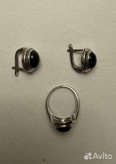 Комплект серебро серьги и кольцо агат