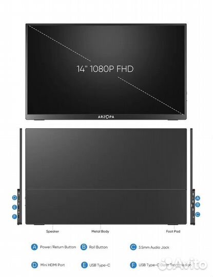 Портативный игровой монитор Arzopa 14 FHD IPS 60Hz