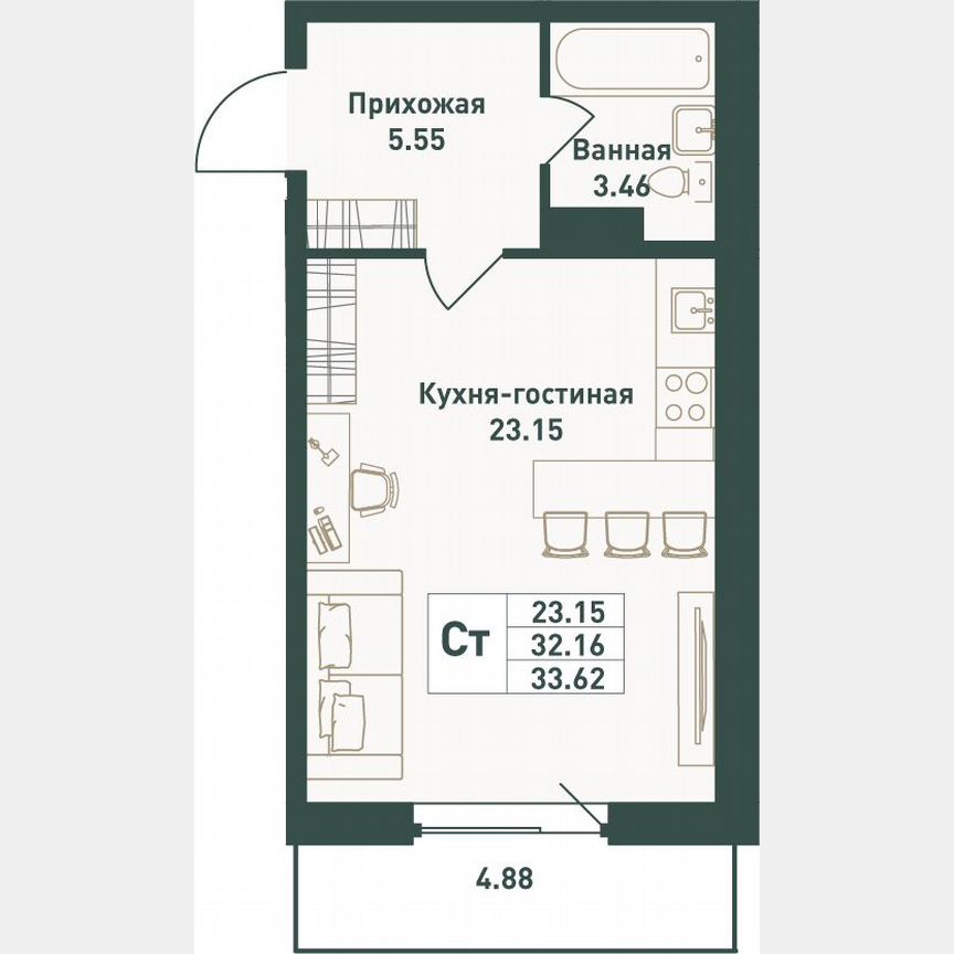 Квартира-студия, 33,6 м², 16/16 эт.