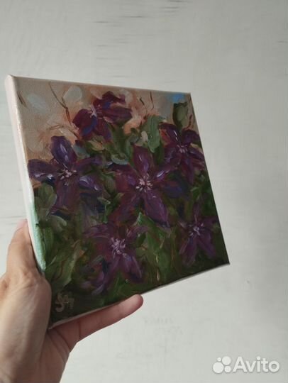 Картина маслом на холсте цветы Фиолетовый клематис