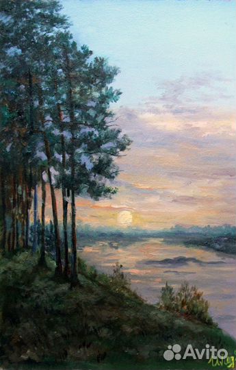 Картина лесной пейзаж маслом Закат на озере