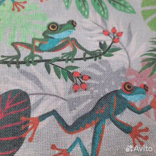Ткань серый лен принт рисунок лягушки