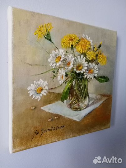 Картина Букет ромашек и одуванчиков 20 на 20 см