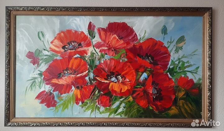 Картина маслом Красные Маки. 90 на 60 см в багете