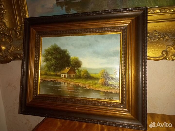 Антикварная картина пейзаж домик холст масло подпи
