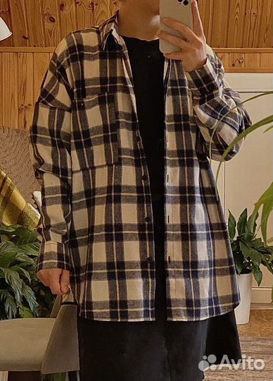 Рубашка в клетку оверсайз осенняя женская теплая
