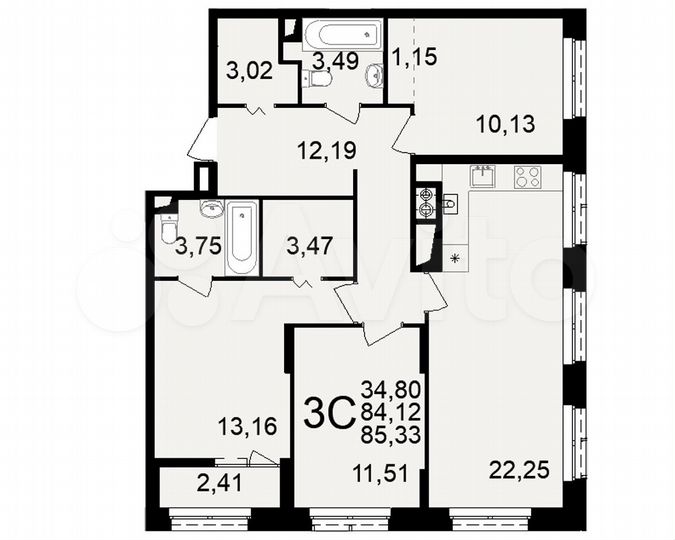 3-к. квартира, 85,3 м², 3/10 эт.