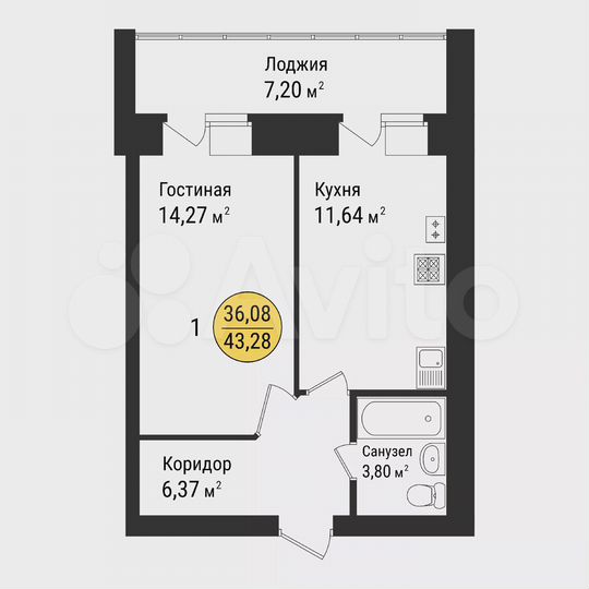 1-к. квартира, 43,3 м², 2/9 эт.