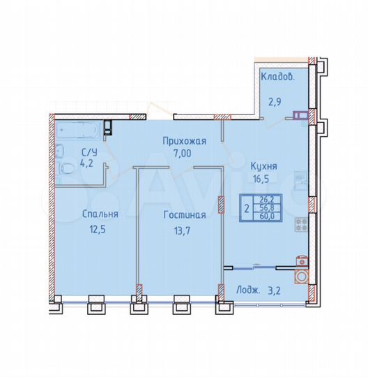 2-к. квартира, 60 м², 8/8 эт.