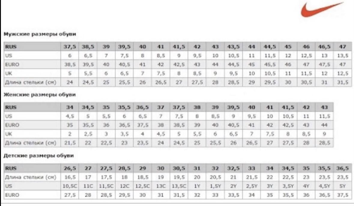 Сетка Размерная найк 44 $русский размер обуви