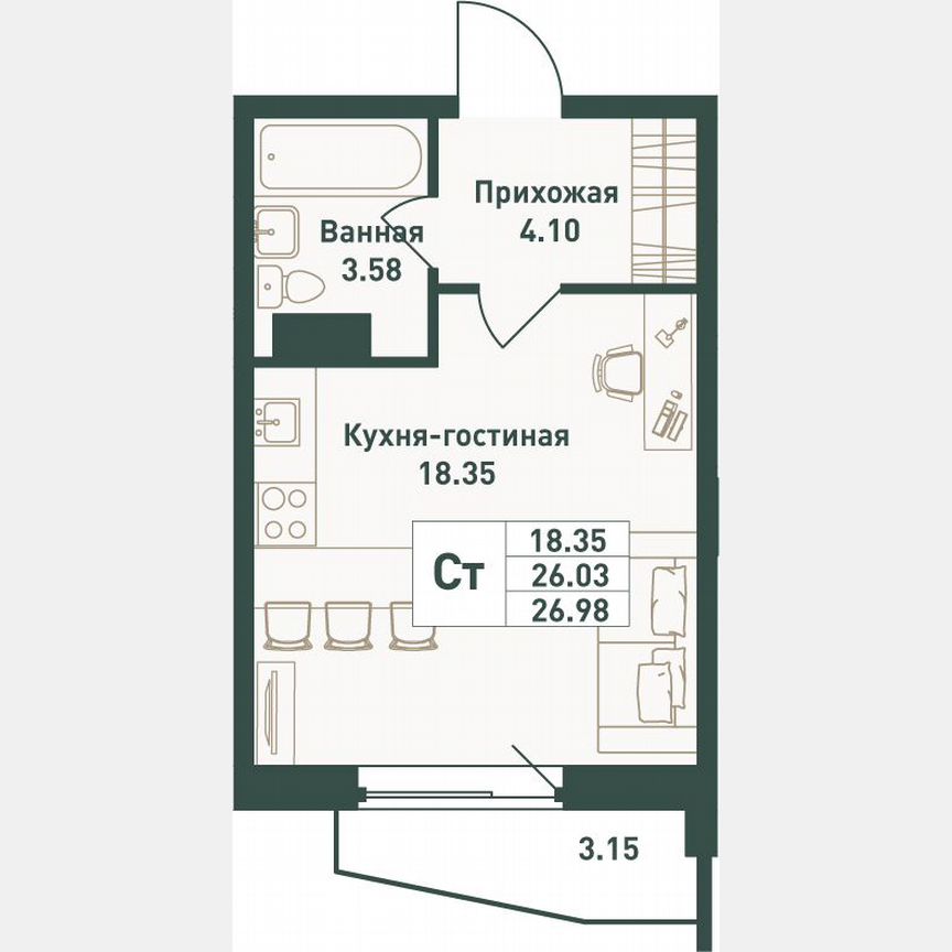 Квартира-студия, 27 м², 6/16 эт.