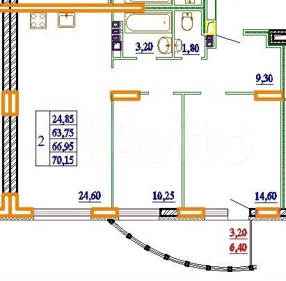 2-к. квартира, 70,1 м², 11/14 эт.