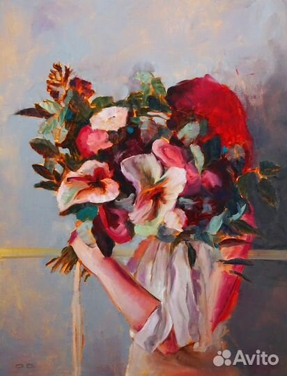 Картина маслом на холсте Девушка с букетом
