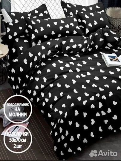 Белье постельное черное с сердечками