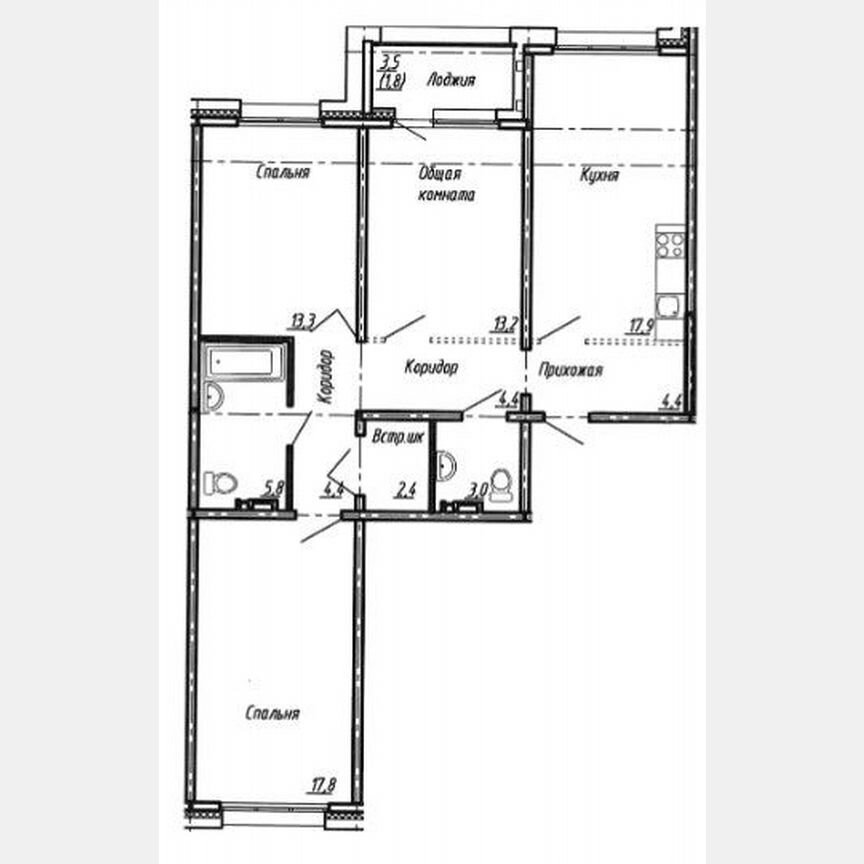 3-к. квартира, 88,4 м², 4/15 эт.