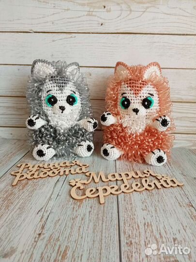 Мочалка игрушка ручной работы щенок Хаски