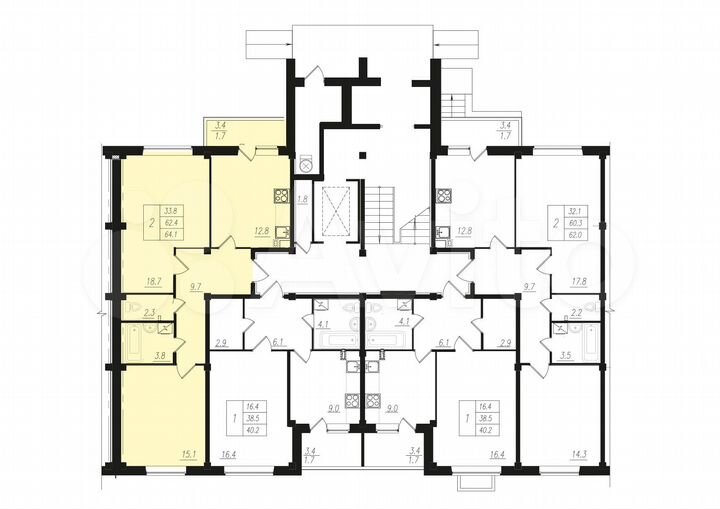 2-к. квартира, 64,1 м², 1/16 эт.