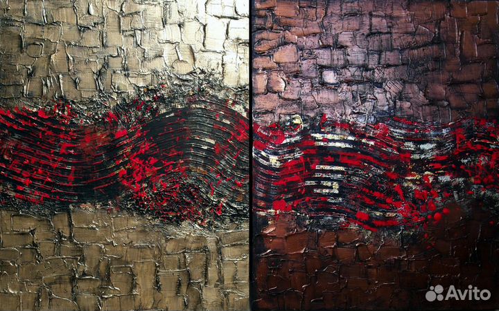 Картина панно диптих Абстракция золото медь